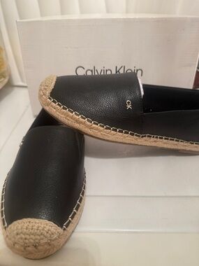 Calvin Klein Black Leather Espadrille-Style Slip Ons